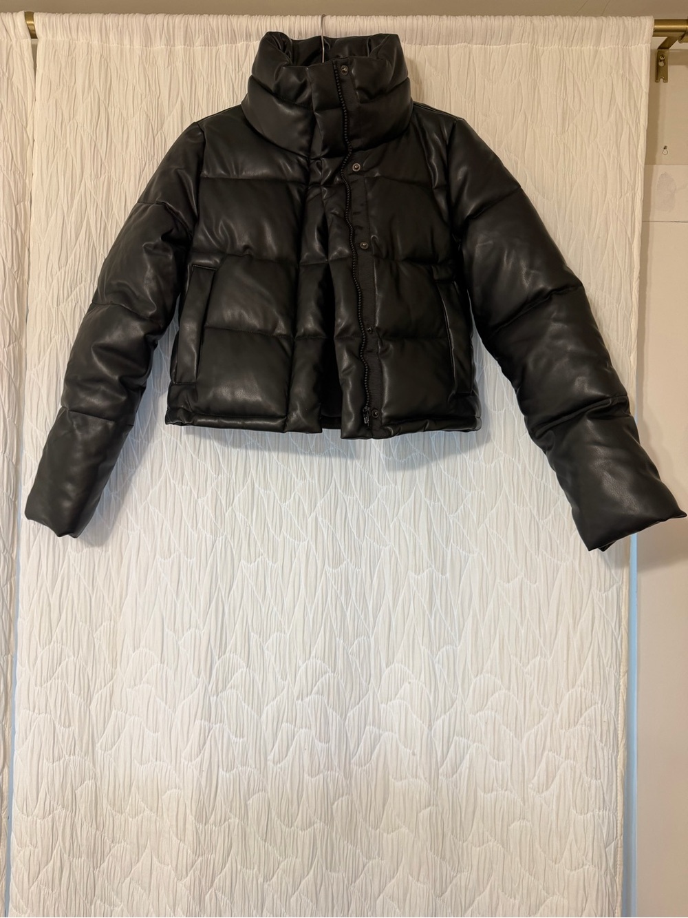 Women's Black Puffer Jacket - Faux Leather Cropped Coat